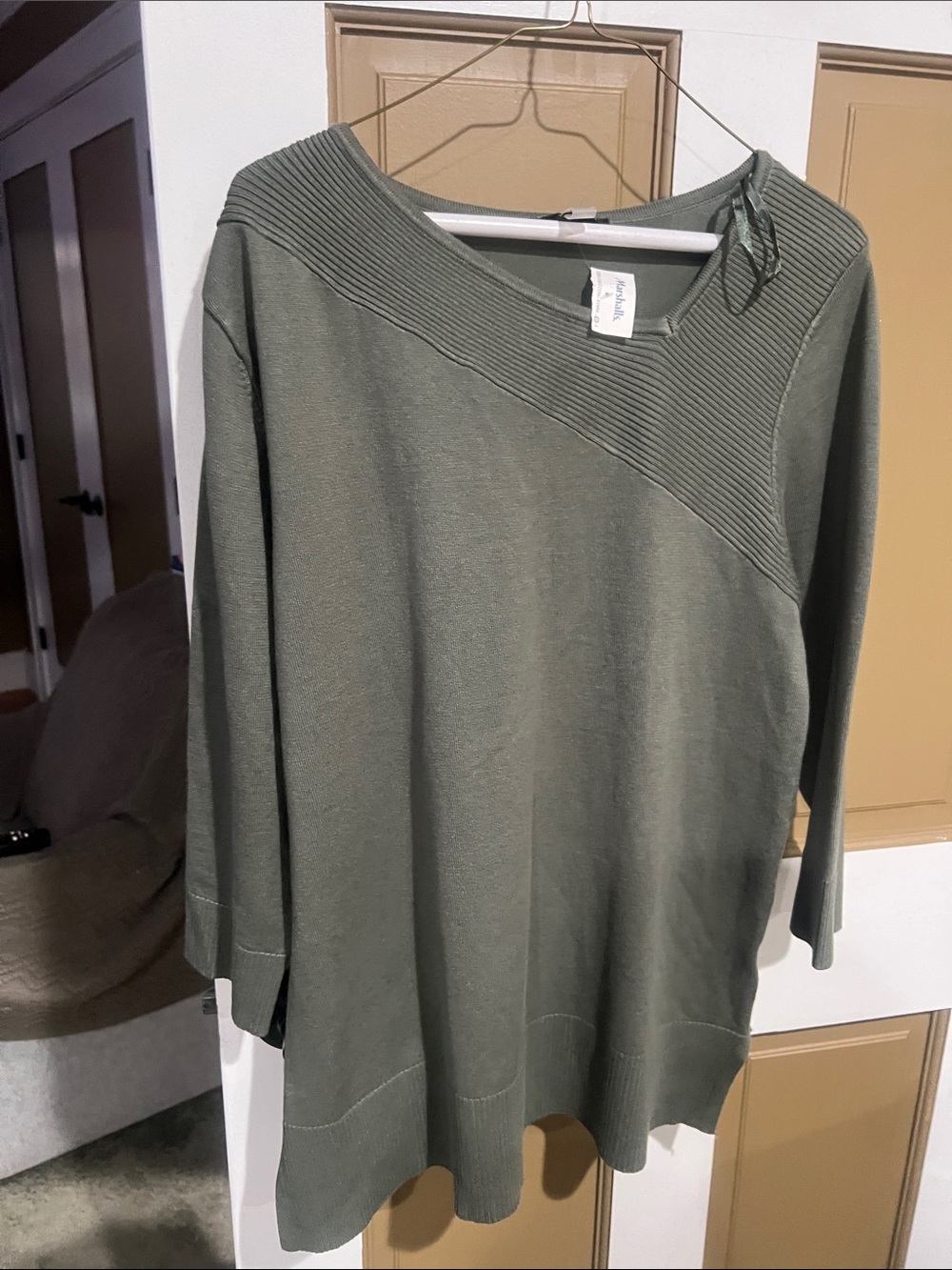 Cable & Gauge Olive Green Asymmetric Ribbed Yoke Boatneck Sweater